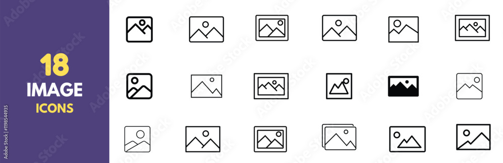 Aufkleber A collection of 18 minimalist photo and image icons in black outline style. Perfect for user interfaces, websites, and app design. Features various representations of picture placeholders and gallery.