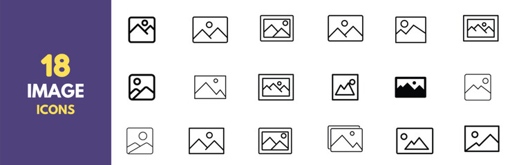 A collection of 18 minimalist photo and image icons in black outline style. Perfect for user interfaces, websites, and app design. Features various representations of picture placeholders and gallery.