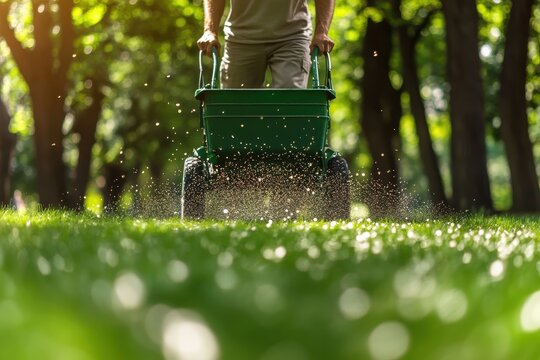 A man in casual clothes pushes a green fertilizer spreader across a vibrant lawn