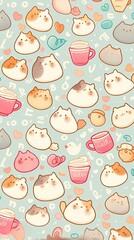Cute Cartoon Cats and Coffee Cups Pattern Seamless Background Illustration