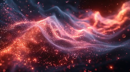 Cosmic energy interlaced with digital particles, representing complex relationships and connectivity.