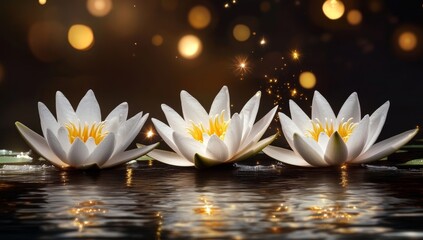 Three white water lilies on calm water with bokeh lights.