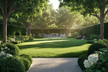A spacious backyard featuring a well-manicured lawn, ornamental shrubs, and potted plants arranged symmetrically