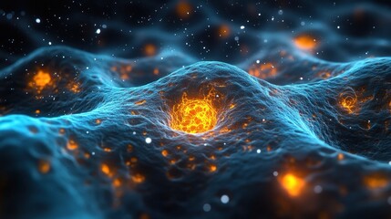Vibrant abstract representation of cellular structures illuminated by glowing particles in a dark background