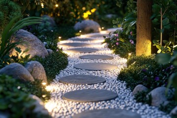 A winding garden pathway made of stepping stones surrounded by white pebbles