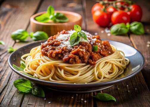 Delicious Bolognese Spaghetti with Parmesan and Basil - Warm, Inviting Setting