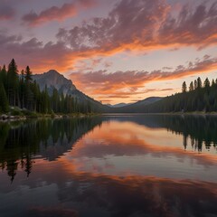 Mountain Lake Image at the Peaceful Forest In Sunset