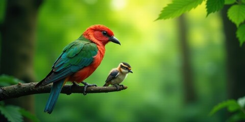 Vibrant Avian Parent and Fledgling Perched on a Branch in Lush Foliage