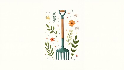 Fototapeta premium Stylish Green Garden Fork Featuring Floral Elements and Wooden Handle on a Clean White Background