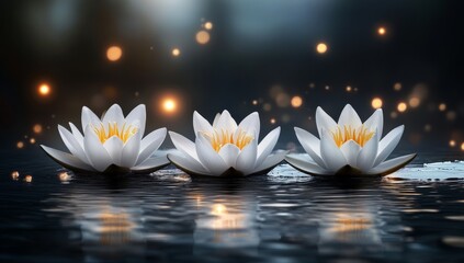 Three white water lilies on calm water with bokeh lights. (1)