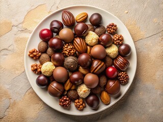 Obraz premium Delicious Chocolate-Covered Nuts & Candies Flat Lay: Gourmet Sweets on White Plate