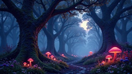 Enchanted Forest Path Glowing Mushrooms Illuminate a Mystical Nighttime Trail Through Ancient Trees