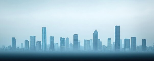 Obraz premium Dust pollution concept. A city skyline appears tranquil in soft blue hues, capturing urban beauty and serenity.