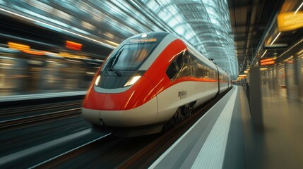 High-speed train departing station, motion blur.