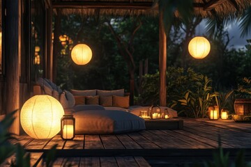 Cozy outdoor patio evening ambiance, warm glowing lights, comfortable sofas with cushions