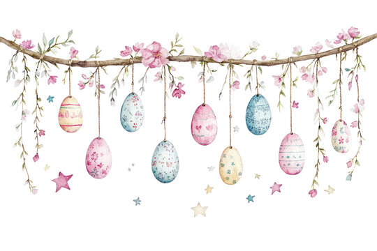 PNG Easter eggs hanging flowers art illustration.
