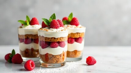 Layered dessert cups with creamy filling, crunchy biscuits, and fresh raspberries, garnished with mint leaves; a delightful sweet treat.