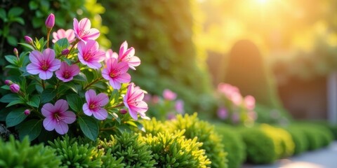 Obraz premium Sunlit Pink Blossoms in a Lush Garden Setting, a Peaceful and Serene Landscape