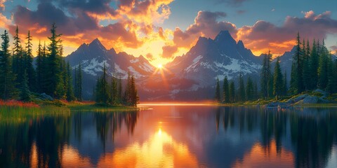 Serene Mountain Landscape with Sunset Reflection - Generative AI