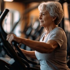 Obraz premium Smiling happy healthy fit slim senior woman with grey hair practising indoors sport with group of people on an exercise bike in gym