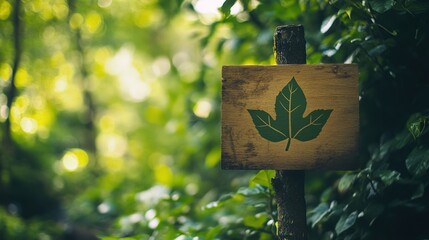 Eco-friendly materials sign featuring leaf icon in lush forest environment for sustainable living awareness