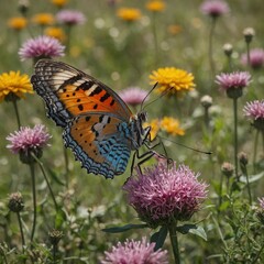 Obraz premium A butterfly pangon with vibrant, wing-like extensions, fluttering in a flower-filled meadow.