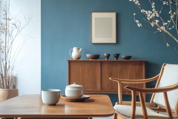 mid-century modern living room wooden furniture blue accent wall minimalistic design