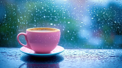 Fototapeta premium Pink coffee cup on rainy windowsill.