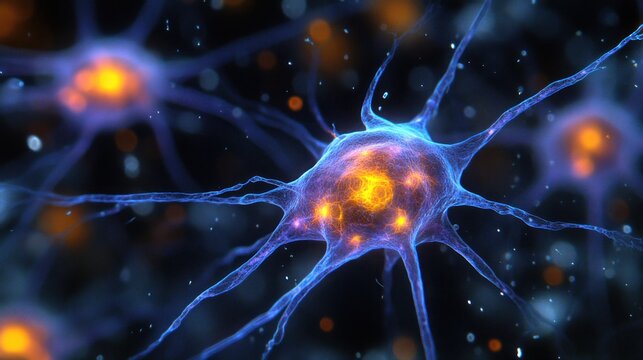 Vibrant close-up of glowing neurons interconnected in a dark background, showcasing brain activity - Powered by Adobe
