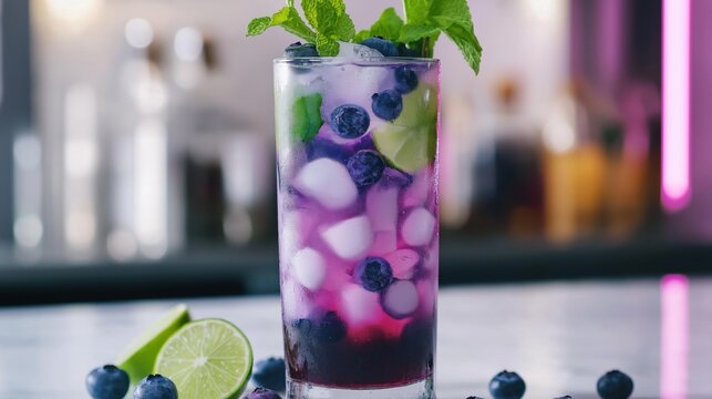 Blueberry and mint mojito in a tall glass with lime and blueberries on a table