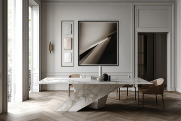 Minimalist dining room modern interior design elegant dark green chairs sleek wooden dining table large white canvas on wall