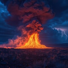 Fototapeta premium Volcanic eruption, fiery lava, lightning storm.