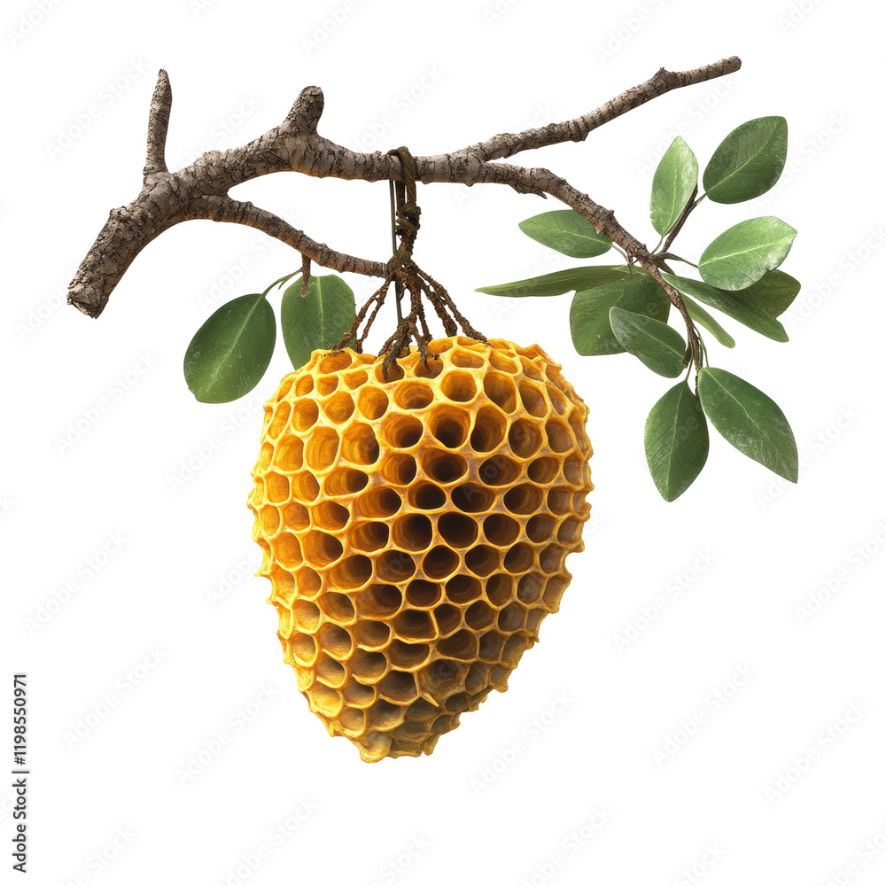 Poster a golden honeycomb hangs from a tree branch adorned with vibrant green leaves against a white backgr