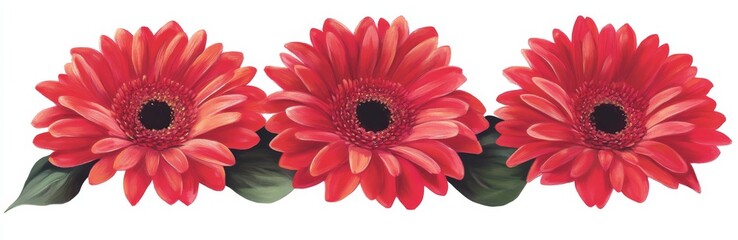 Three red gerbera daisies with green leaves border.