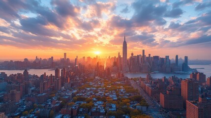 Majestic sunset over a vibrant New York City skyline, with clouds illuminated by golden light