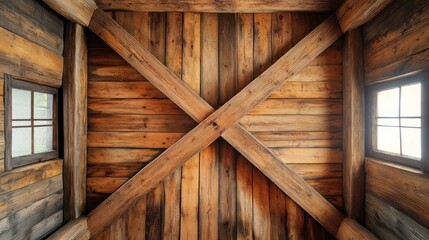 Rustic wooden ceiling with exposed beams and windows, showcasing craftsmanship and natural materials
