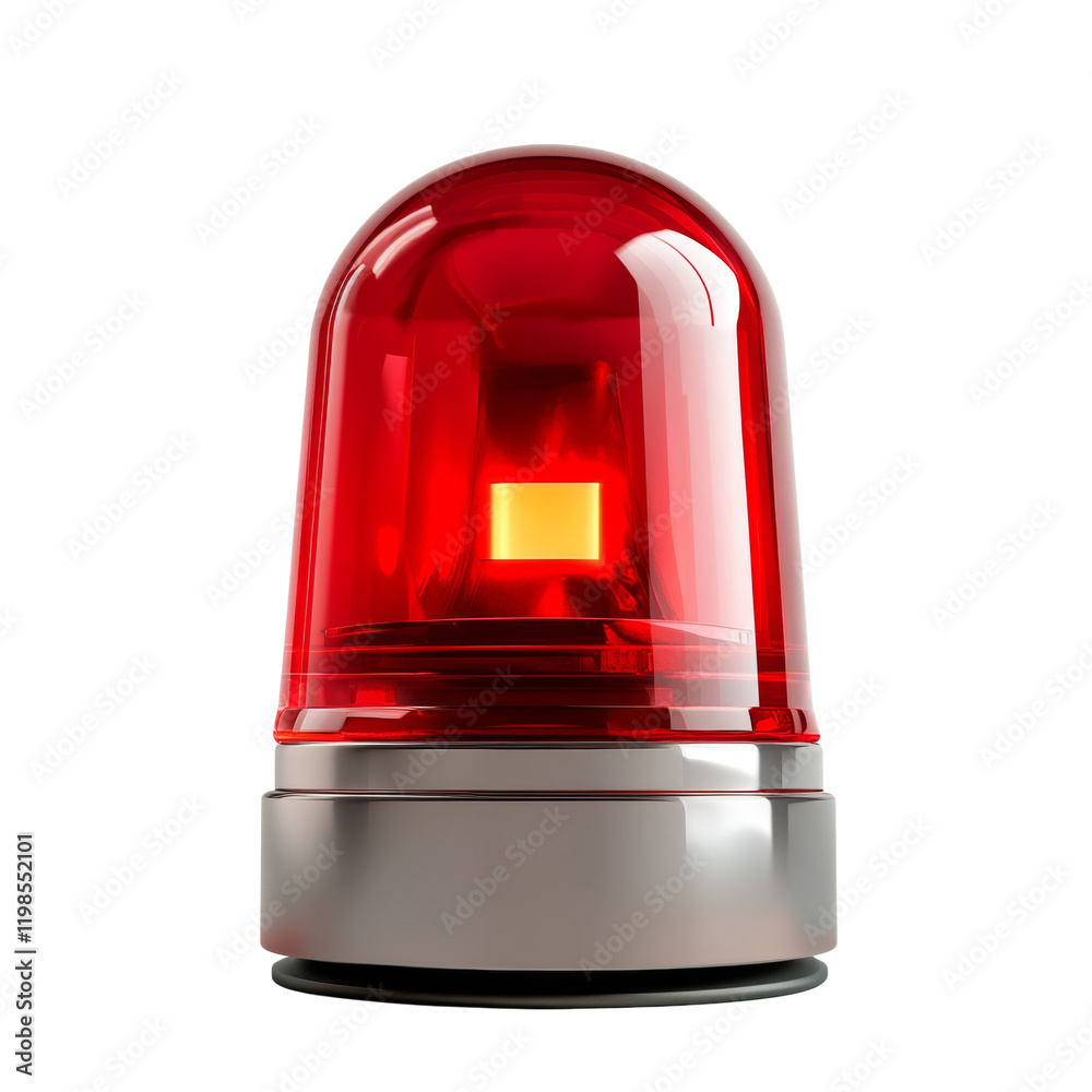 Poster a red emergency beacon light with a bright illuminated bulb sits on a metallic base against a white 