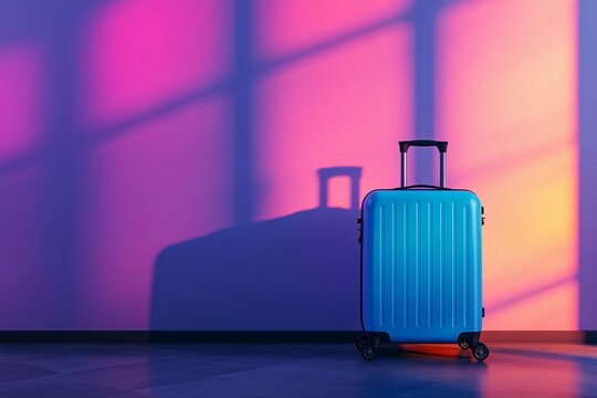 Blue suitcase against vibrant wall with window light.