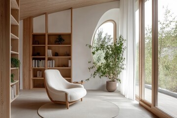 minimalist living room neutral tones beige sofa, modern decor, cozy atmosphere, soft lighting, abstract paintings, pampas grass