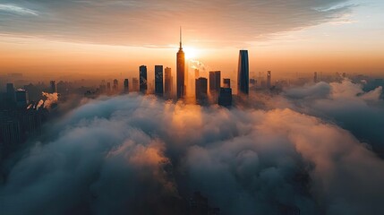 Fototapeta premium Dust pollution concept. A stunning skyline view of skyscrapers piercing through vibrant clouds at sunset.