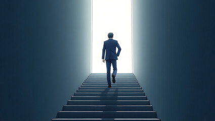 Success, the gates of success, achieving goals and business objectives, succeeding in business or career, active businessmen towards the light at the door. Businessman on stairs