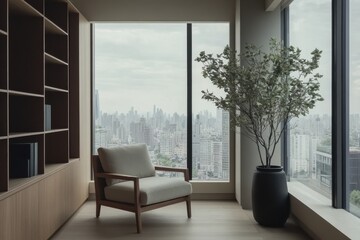 Modern interior design minimalist living room light gray walls sleek wooden shelving