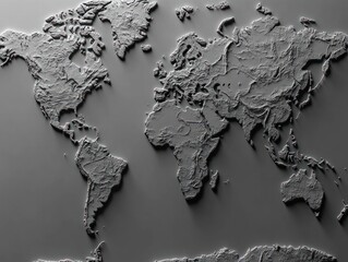 Monochrome shaded relief world map PNG with 3D-style elevation shading and a grayscale palette for a professional and elegant look