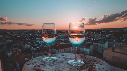Romantic Evening View with Two Wine Glasses at Sunset