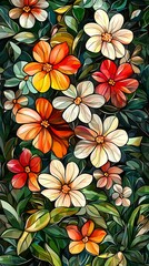 A vibrant illustration of various flowers in full bloom, showcasing a rich tapestry of colors and intricate details.  A stunning display of botanical artistry.