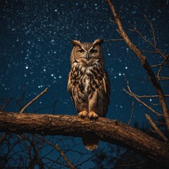 An owl perched on a tree branch under a starry, glowing twilight.