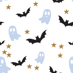 Playful Halloween pattern with ghost and bats