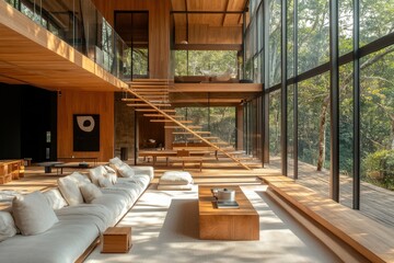 Fototapeta premium modern interior, open-plan living space, wooden staircase with glass balustrade