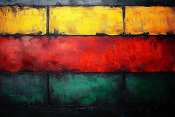 Vibrant abstract canvas painting with bold red, yellow, and green stripes, perfect for cultural events, art exhibitions, or decor emphasizing energy and pride.