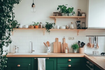 Modern kitchen minimalist decor white walls green cabinets indoor plants open shelving cozy atmosphere